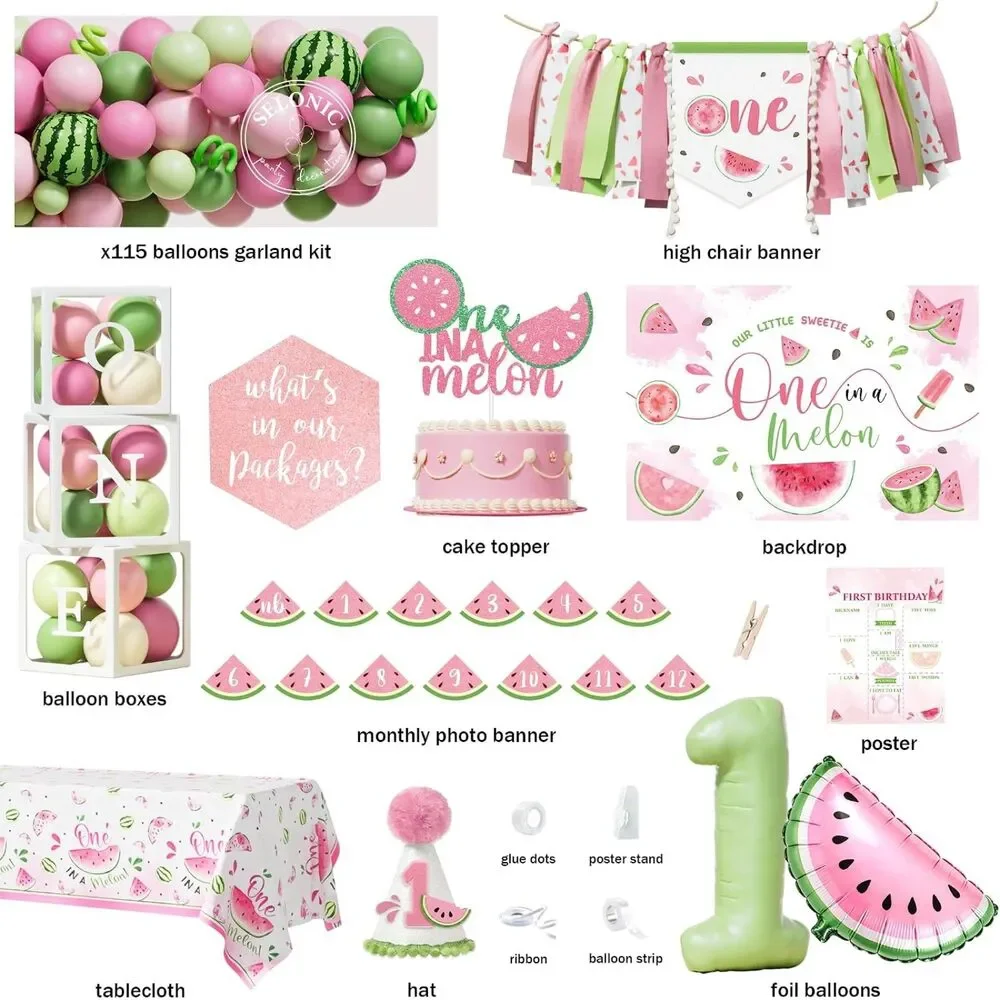 One In A Melon 1st Birthday Decorations Girl Watermelon Party Supplies Set Pink
